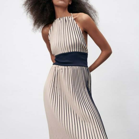 Zara Dresses New Zara Striped Pleated Dress Sand Ref 264037 Poshmark